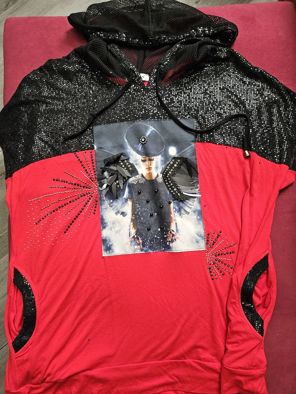 Y2K Red & Black Sequin Overlay Graphic Hoodie with Rhinestone Starburst Details